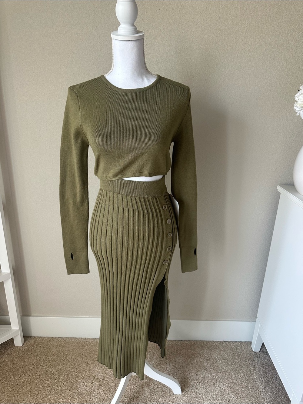Chicwish Olive Ribbed Button-Side Midi Set